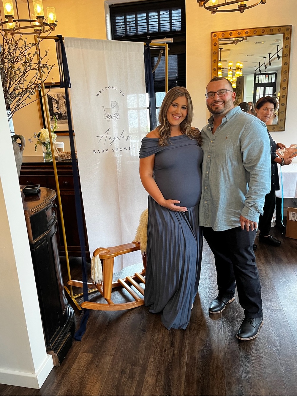 Lioness Off-Shoulder Pleated Maternity Gown in Slate Gray-Blue field of dreams